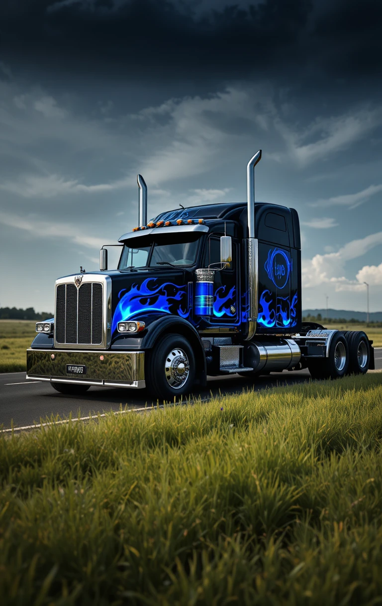 Black semi truck with blue flames on quiet country road