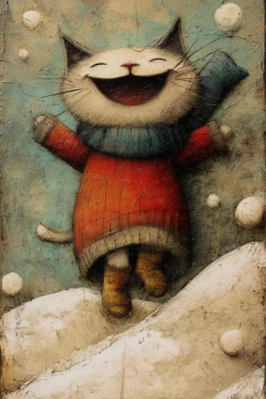 Laughing cat sliding down a snowy hill in a sock