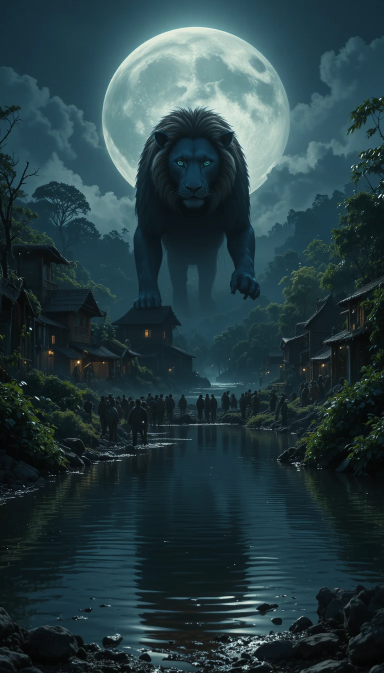 Majestic lion under full moon above a quiet village