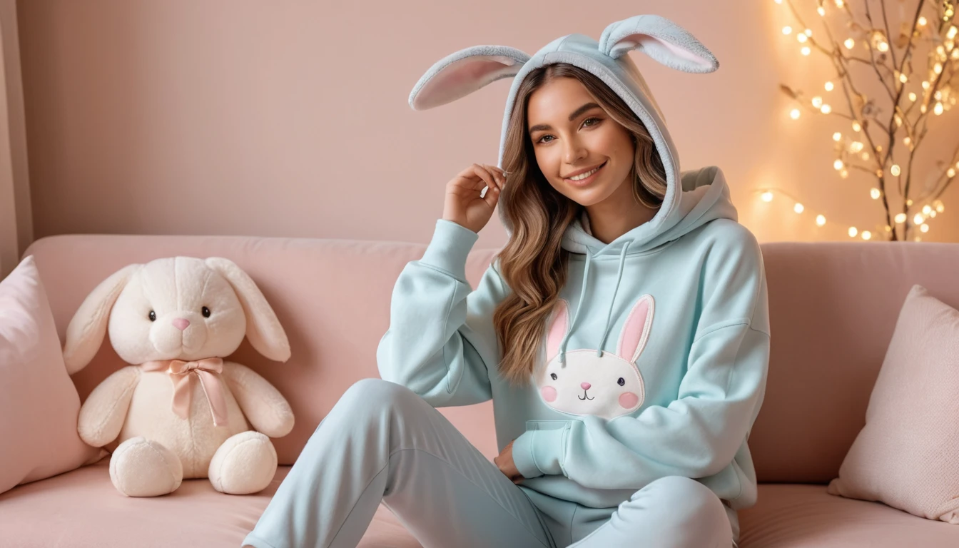 Chica influencer acogedora relajándose en una habitación pastel con luz suave