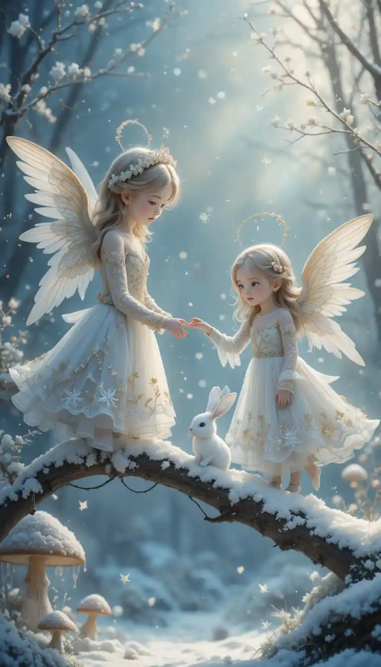 Bambini angelici con coniglio in un fiabesco paesaggio invernale innevato