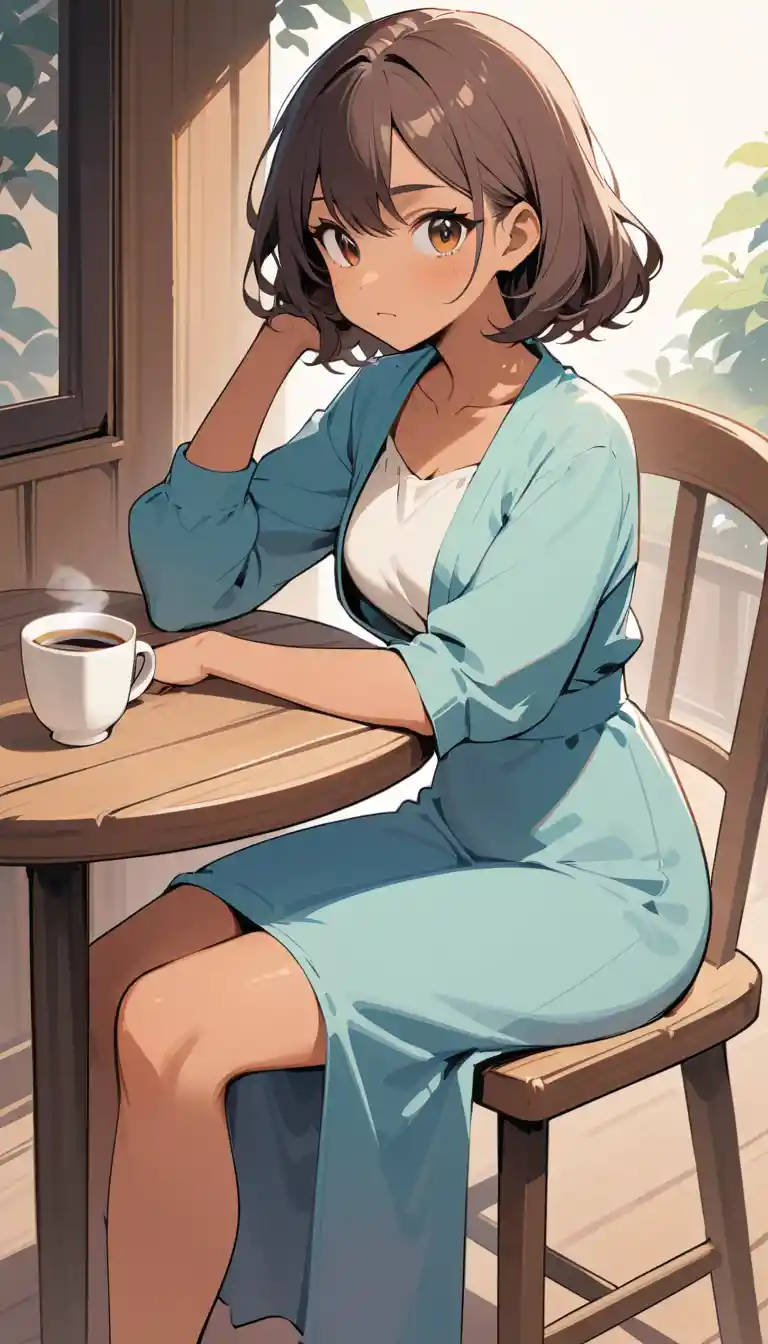 Girl sitting on wooden chair holding a coffee cup