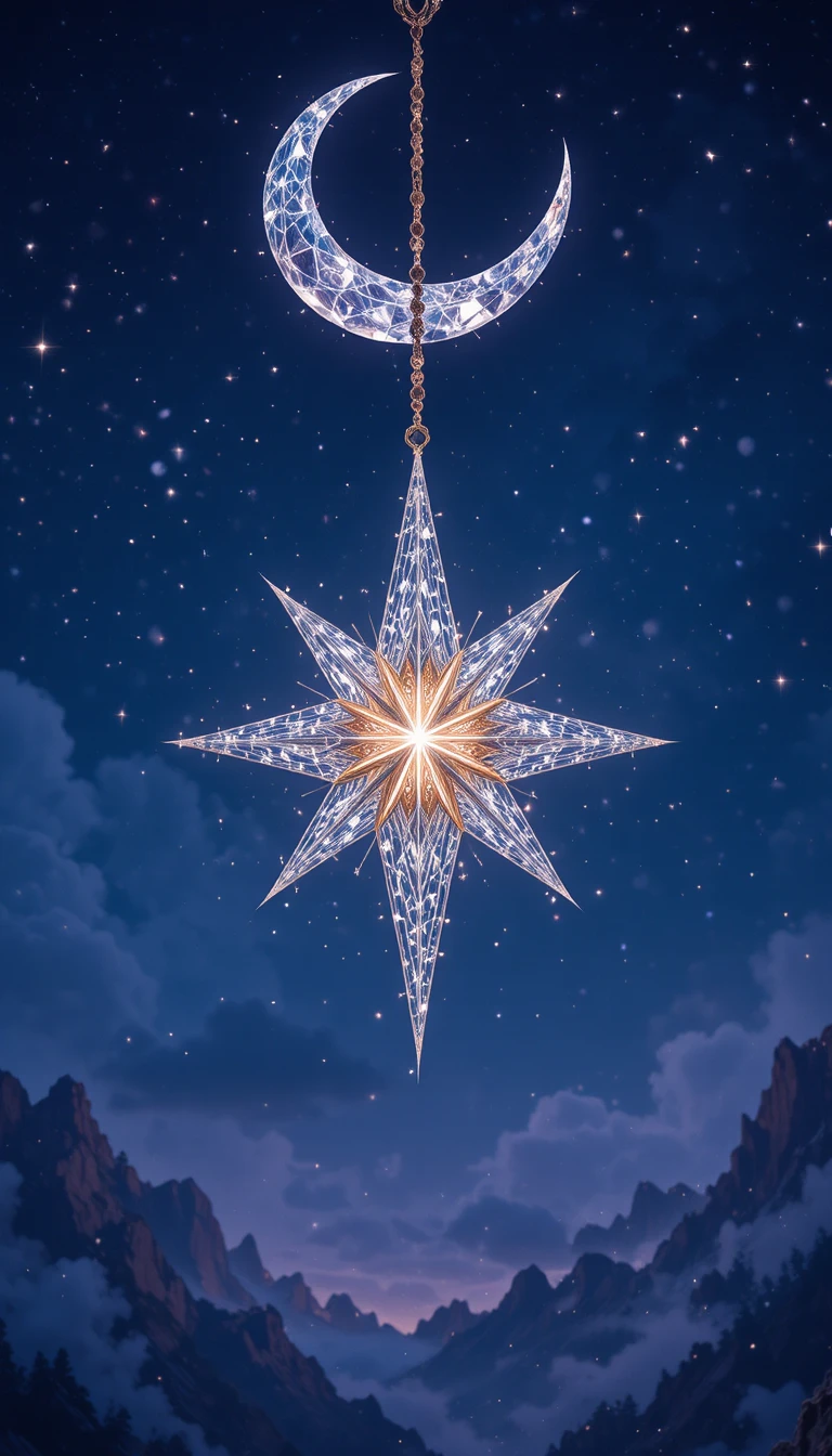 Stella a più punte appesa a una luna crescente nella notte
