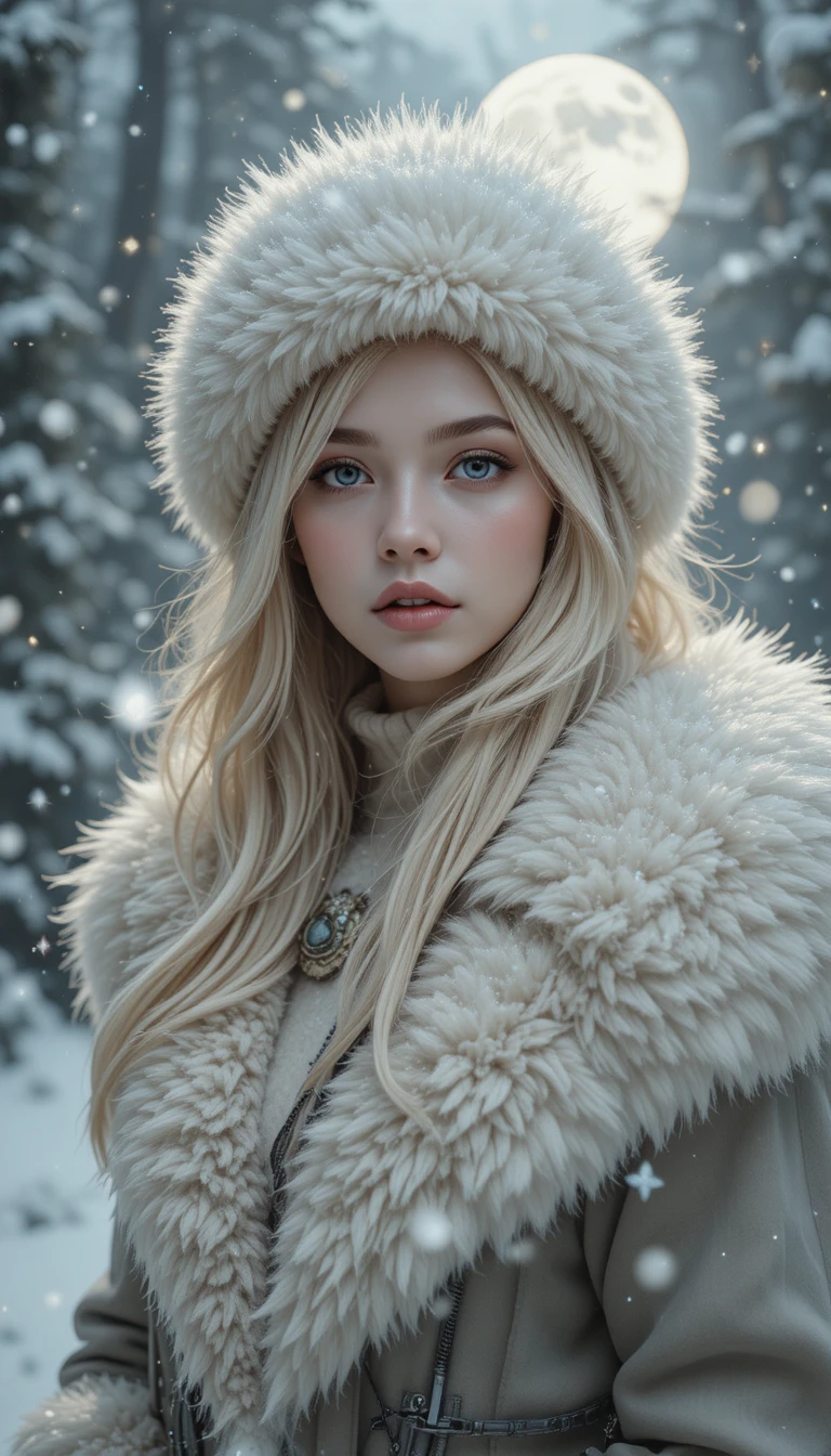 Blonde girl in white fur coat under moonlit snowy forest