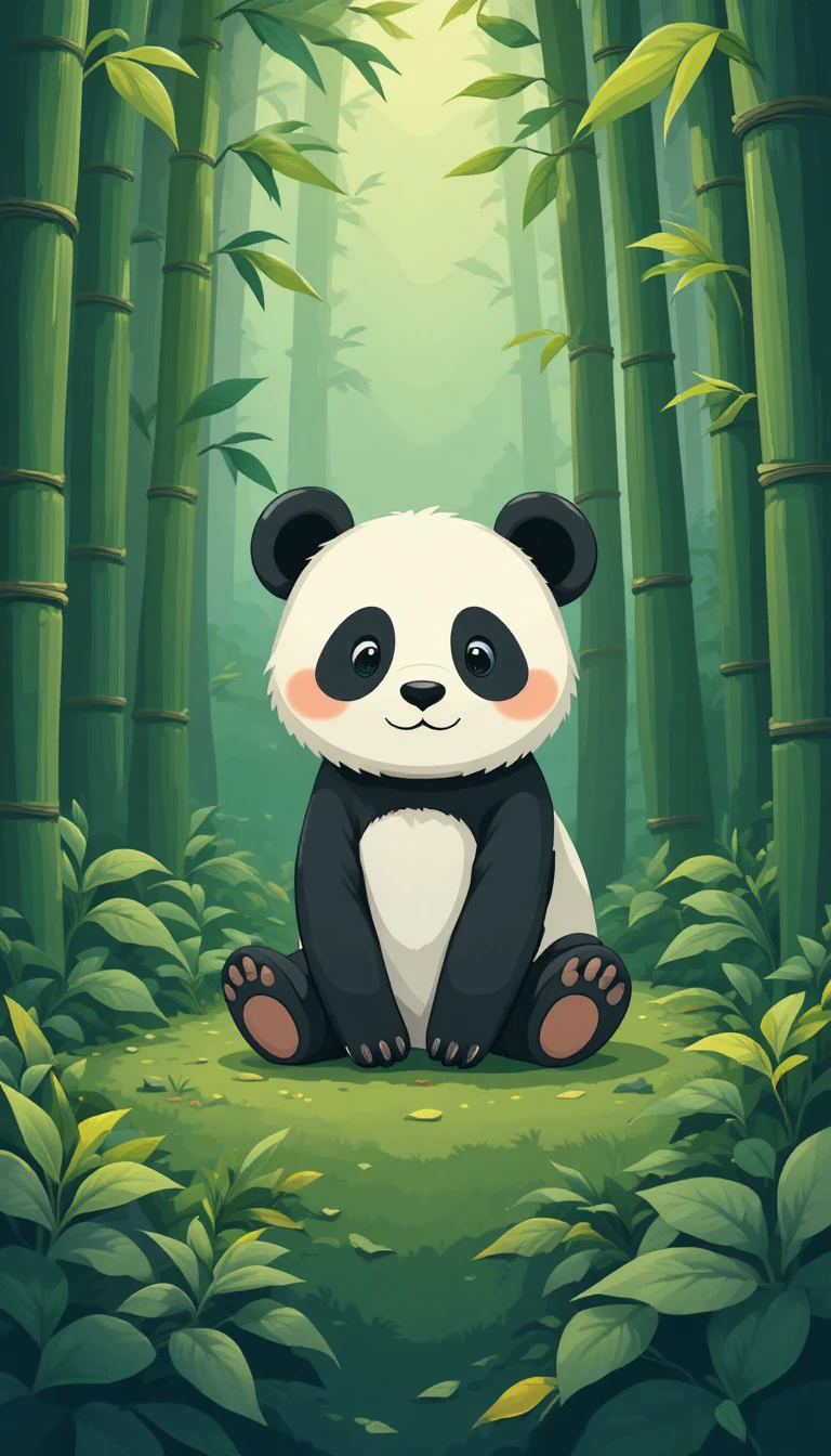 Panda fofo sentado calmamente em uma floresta de bambu iluminada