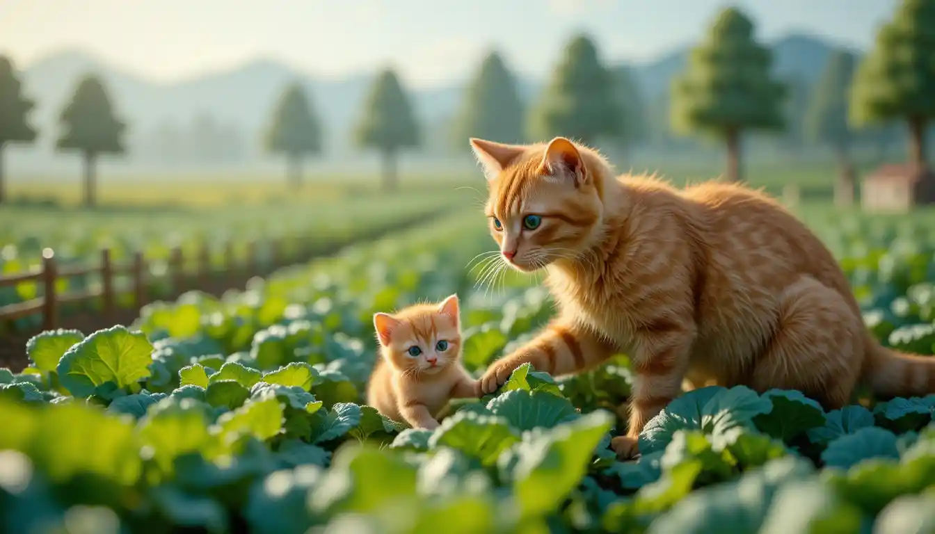 Ginger tabby cats exploring a tiny cabbage field