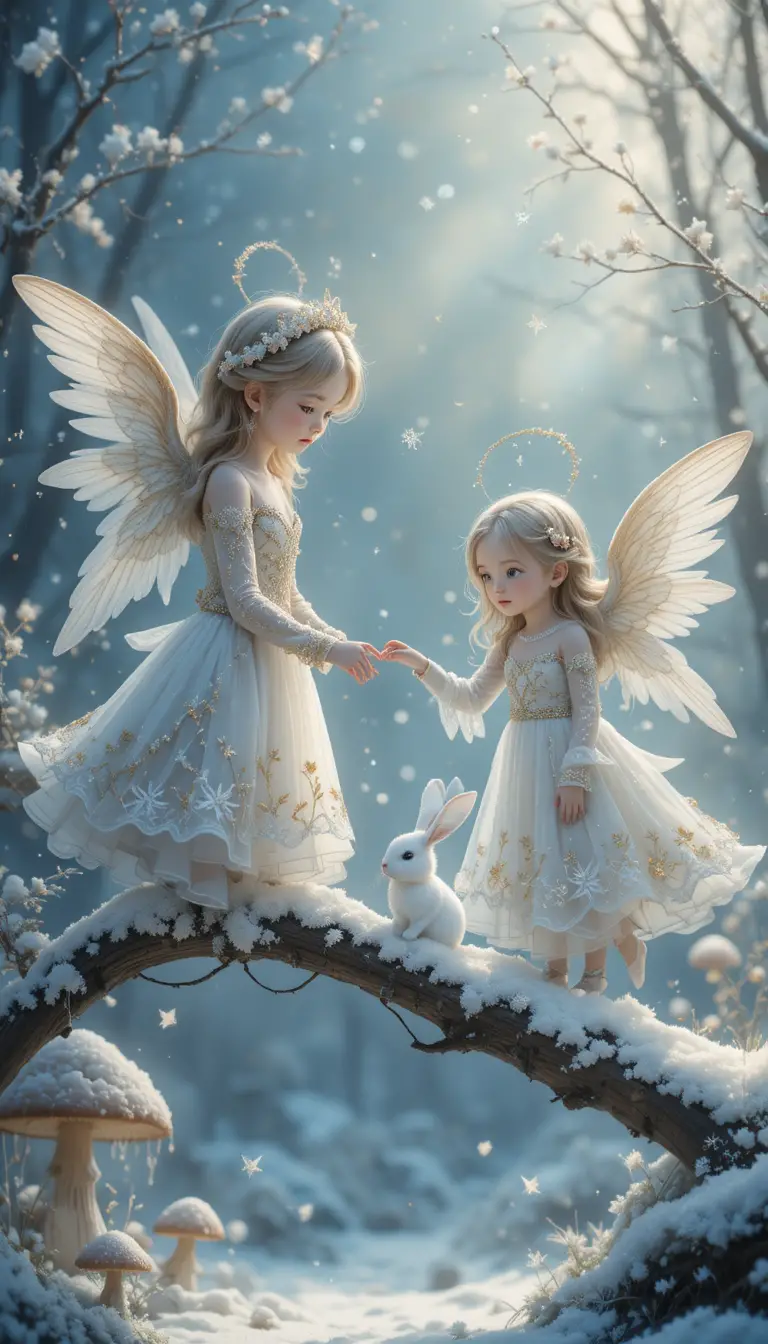 Bambini angelici con coniglio in un fiabesco paesaggio invernale innevato