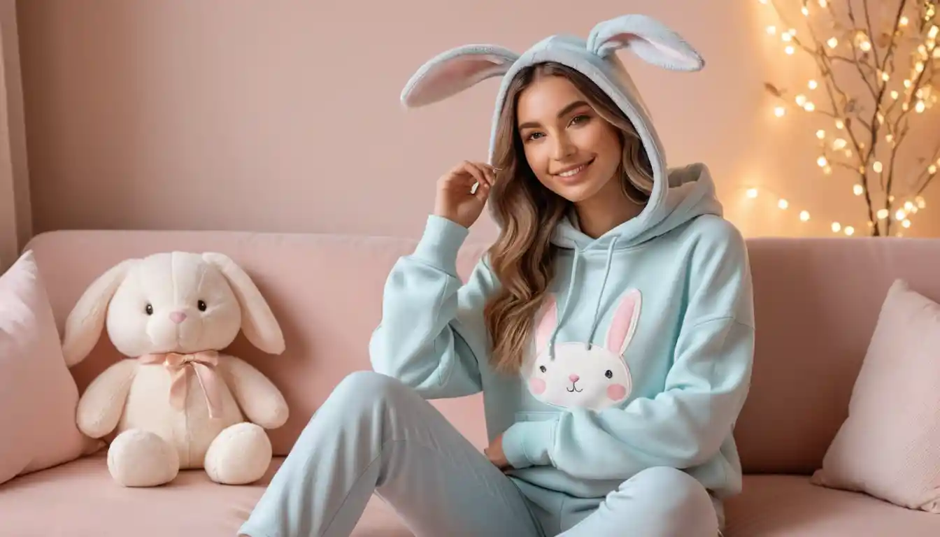 Chica influencer acogedora relajándose en una habitación pastel con luz suave