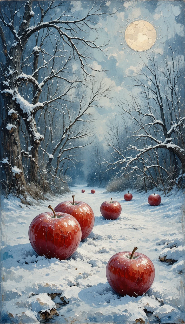Maçãs em mixed media surgindo de uma superfície de neve texturizada