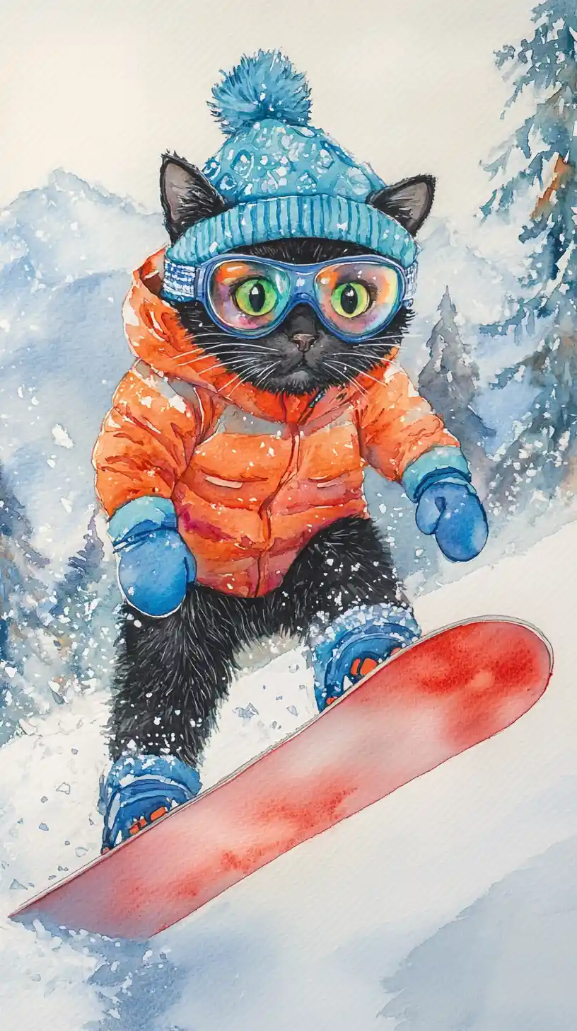 Chat noir faisant du snowboard sur une pente de montagne enneigée