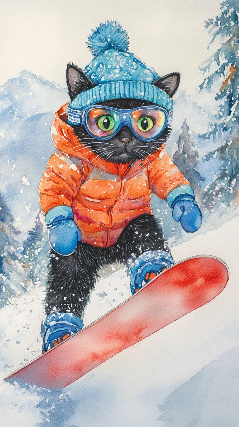 Chat noir faisant du snowboard sur une pente de montagne enneigée