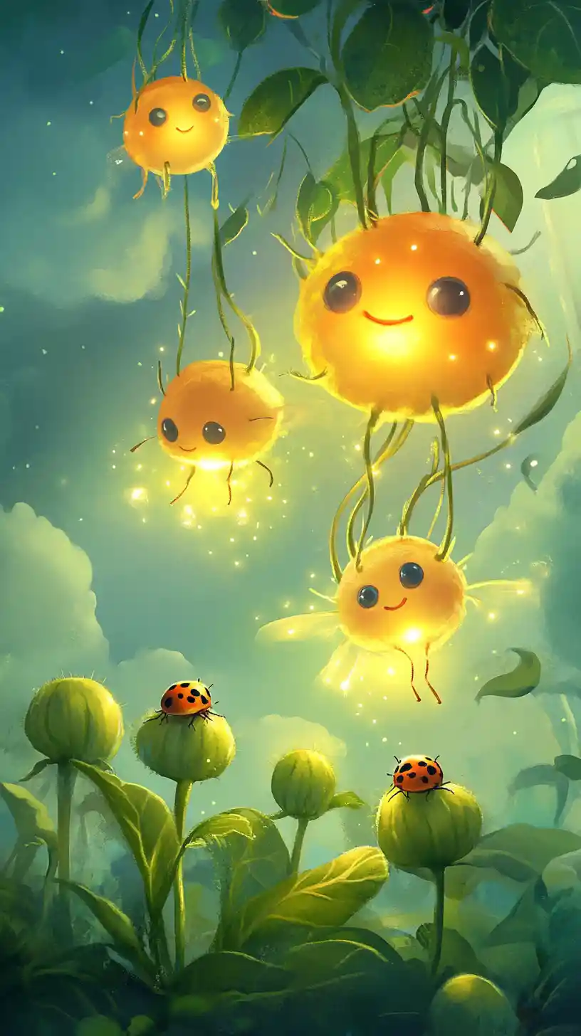 Cute glowing fireflies hanging from vines in a forest
