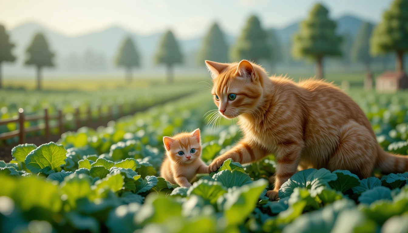 Chats tigrés roux explorant un minuscule champ de choux