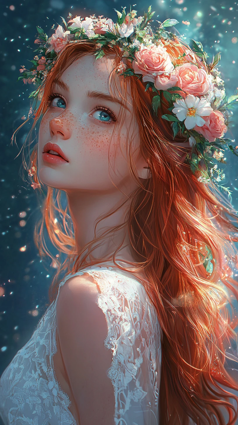 Flower crowned anime girl under a starry blue sky