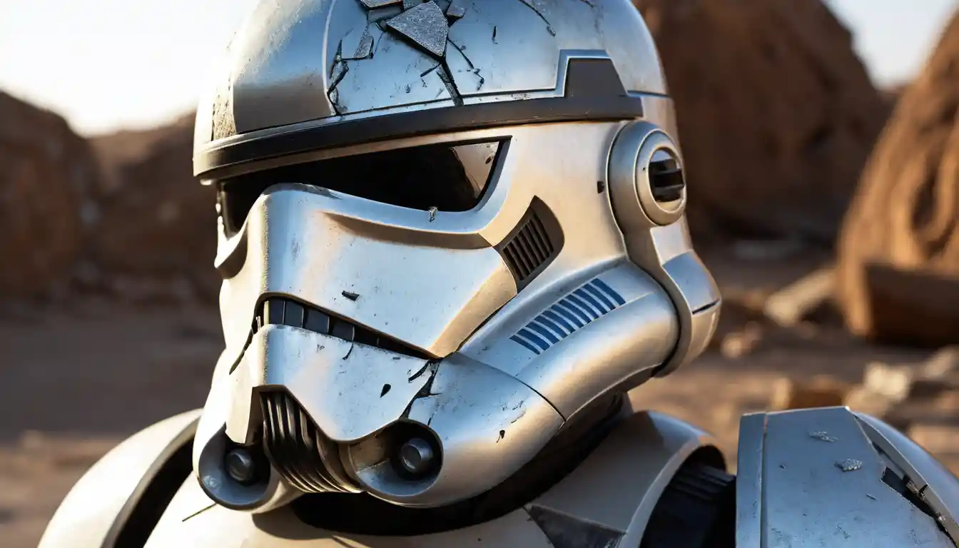 Gros plan macro sur la visière brisée d’un casque de soldat clone