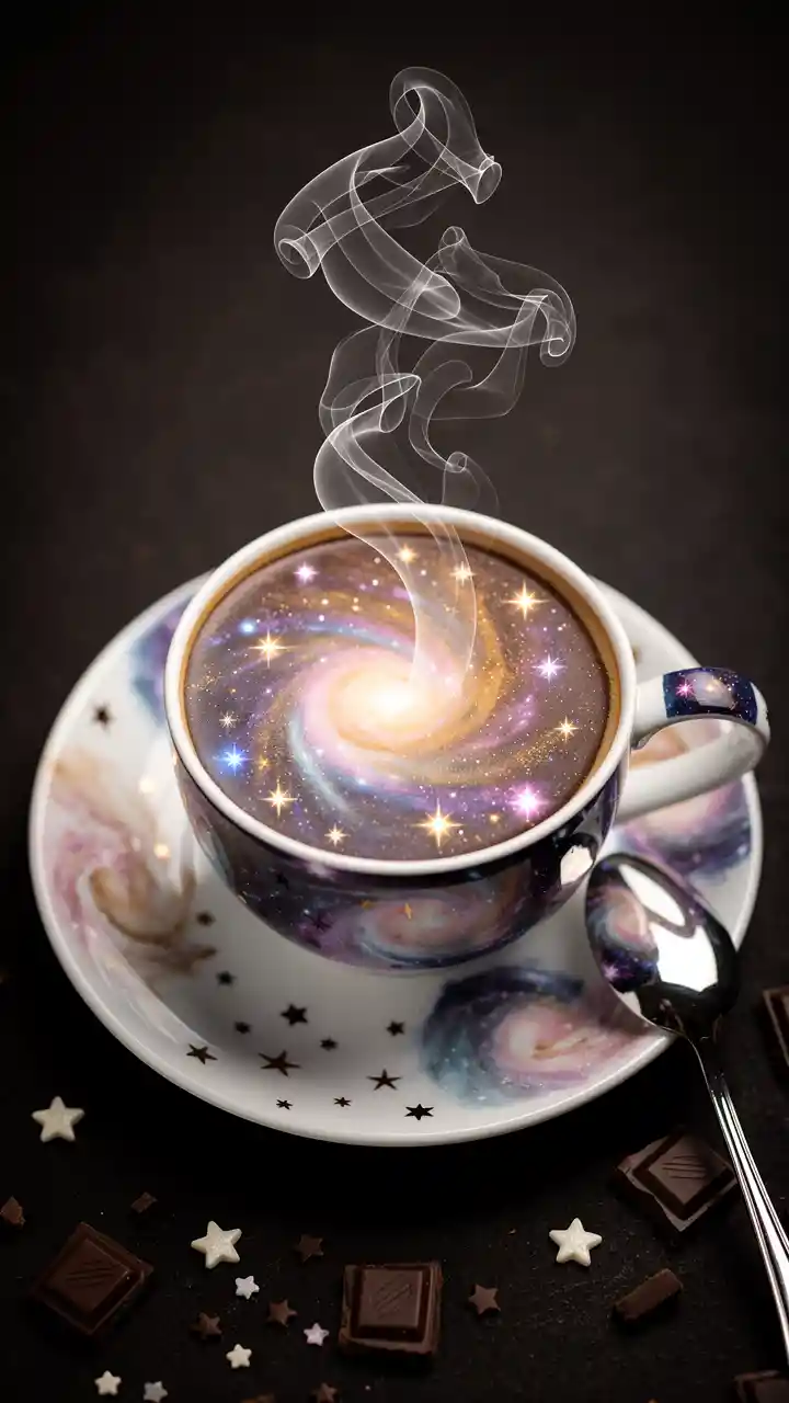 Latte cósmico surreal girando em uma xícara de chá de cerâmica brilhante