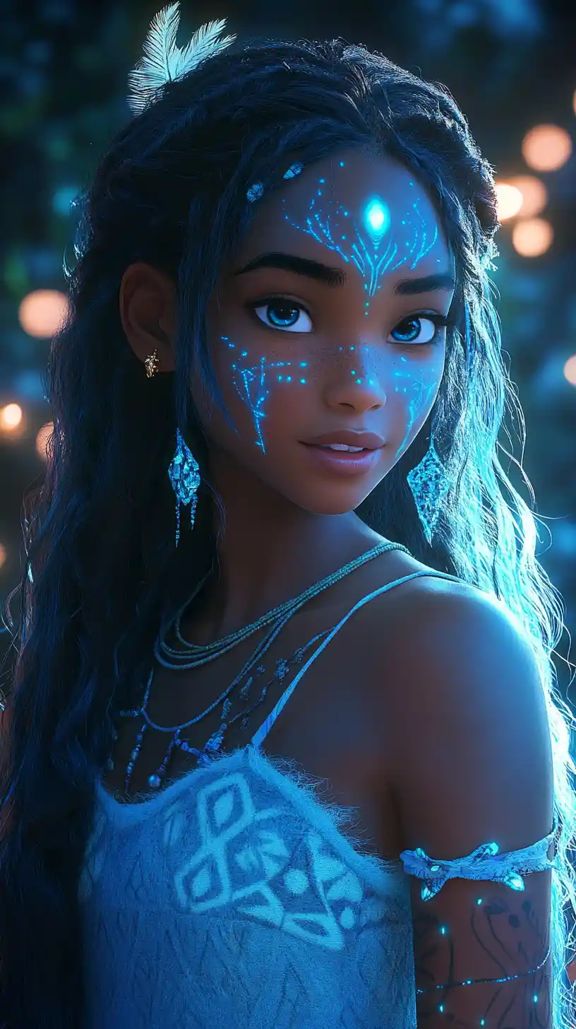 Blue haired tribal girl glowing softly in the night