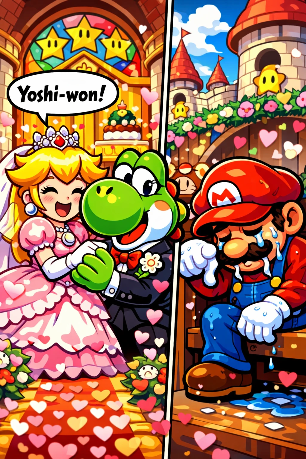 Beijo de casamento em desenho animado entre princesa noiva e dinossauro noivo