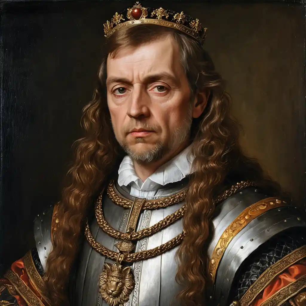 Ritratto rinascimentale di re scozzese con capelli lunghi e barba