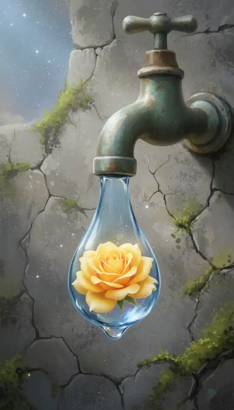Rosa amarilla dentro de una gota de agua tintada en un grifo