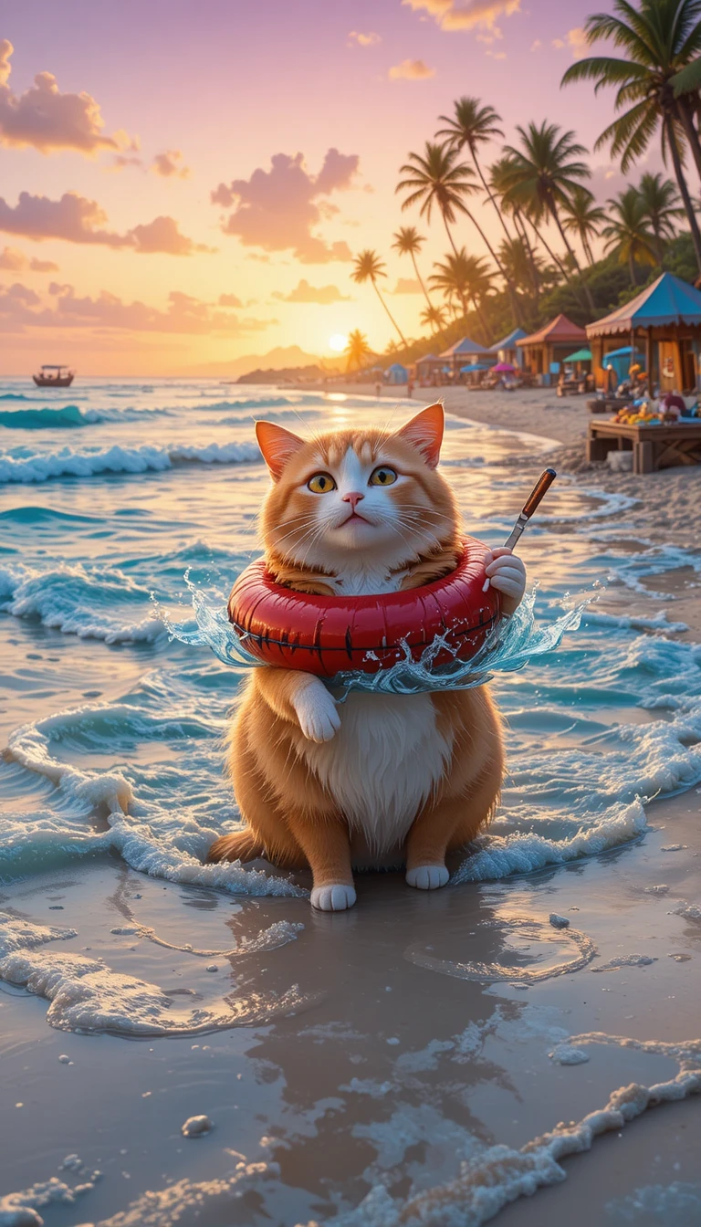 Chat tigré dodu nageant dans la mer au coucher du soleil