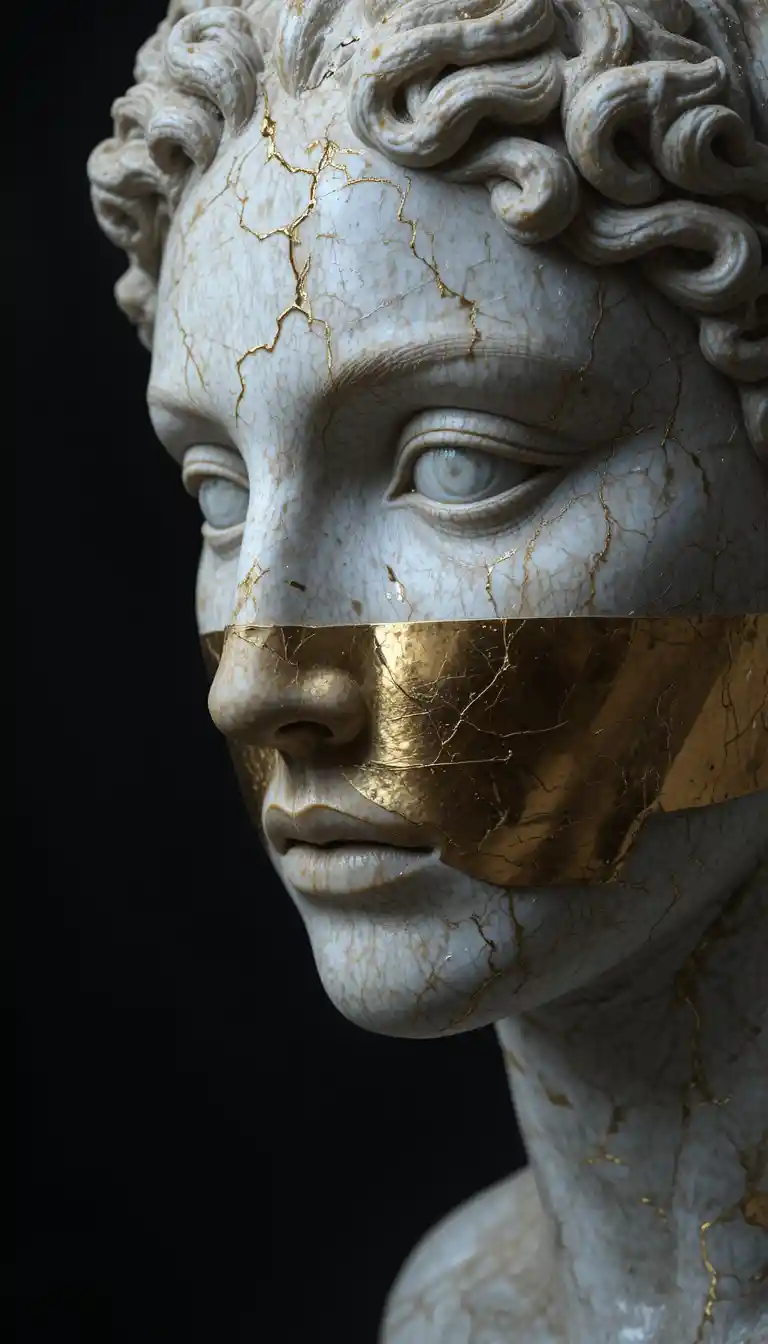 Ancient marble statue face bound with gold on black