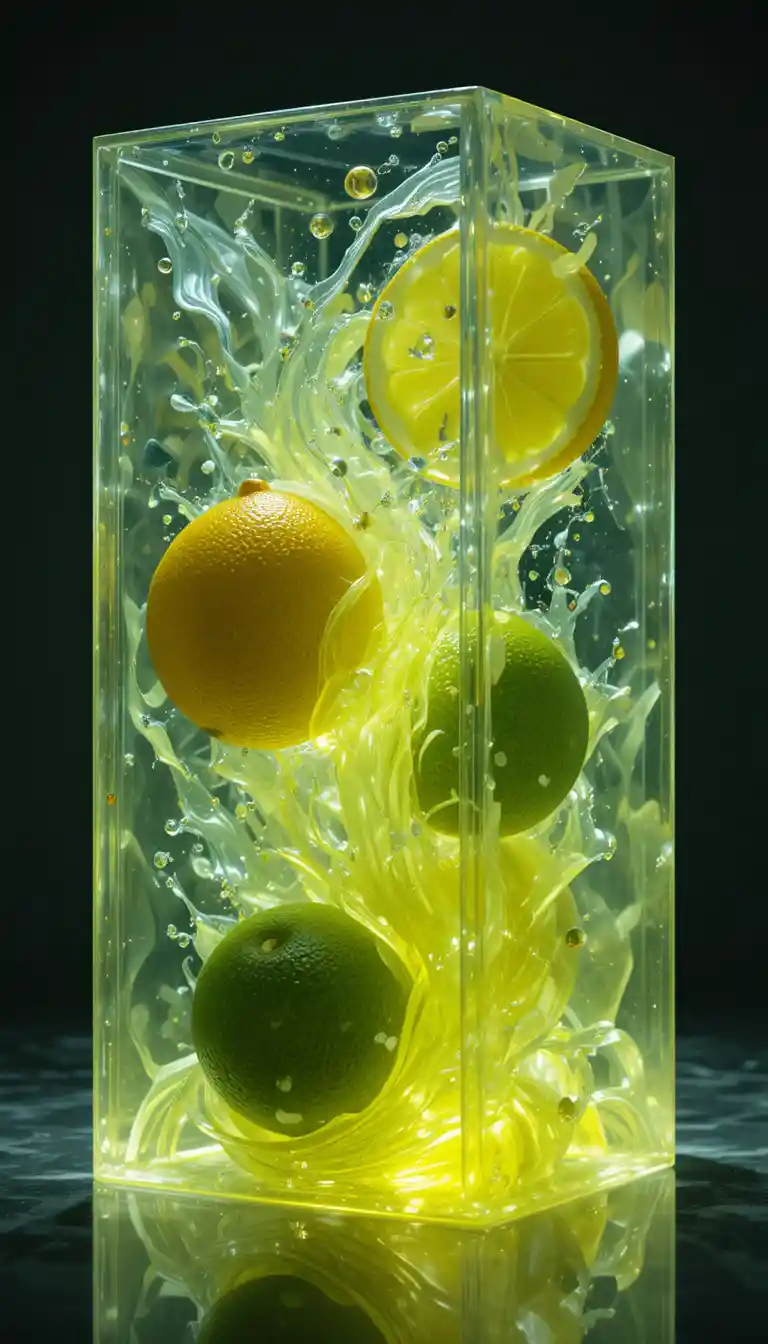 Close up 3D citrus forms with glowing layered resin