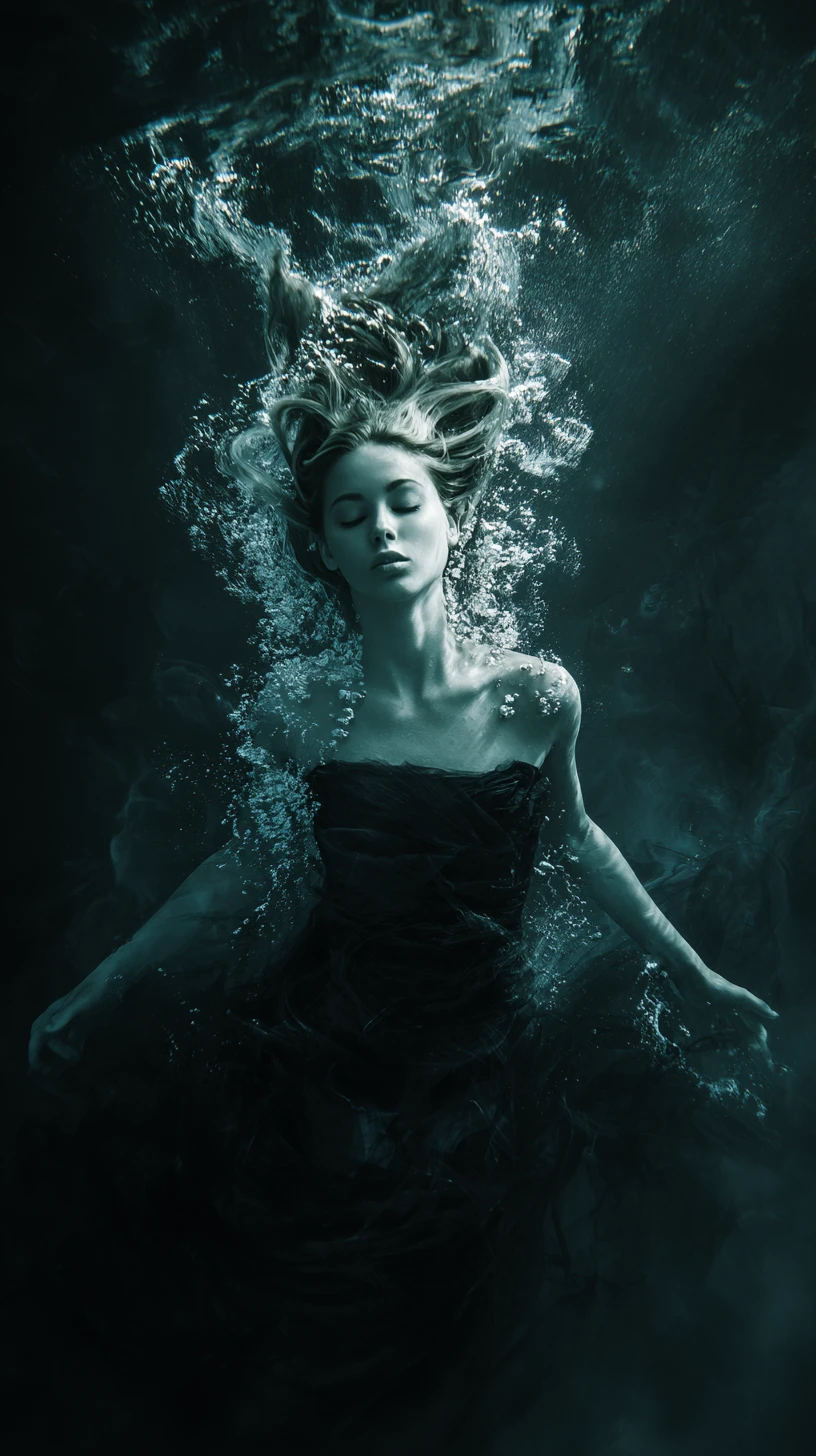Ethereal woman sinking in moonlit underwater silence
