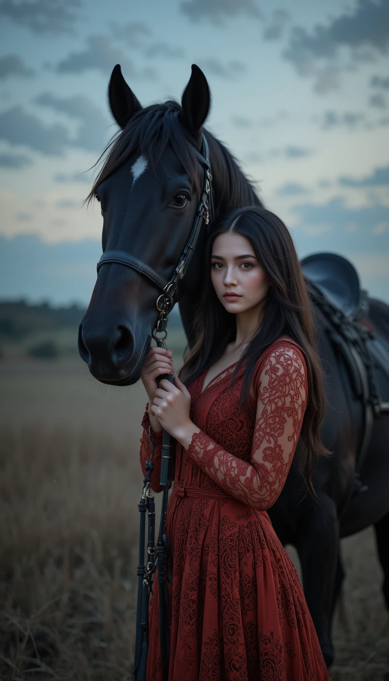 Mulher com cavalo preto sob um céu crepuscular dos sonhos
