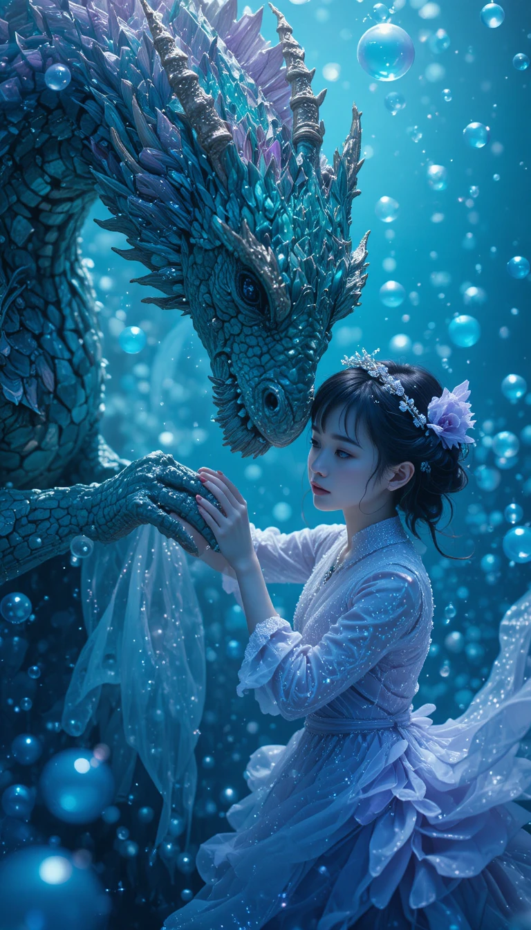 Anime dragon and girl with iridescent bubbles underwater collage