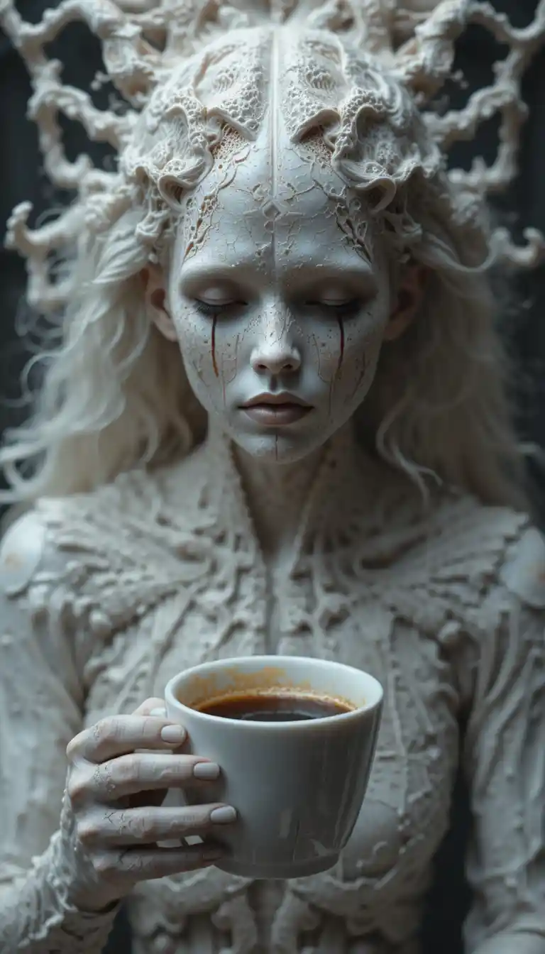 Séparation surréaliste de l’âme avec une tasse de café dans un espace abstrait