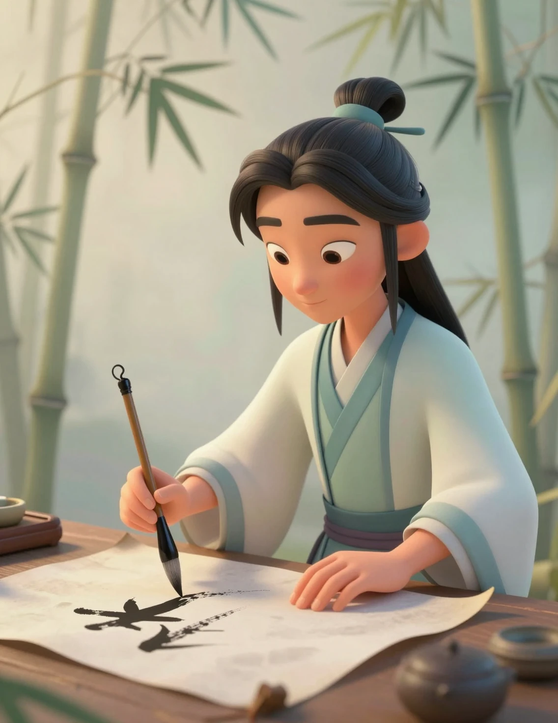 Woman practicing traditional Chinese ink painting with bamboo
