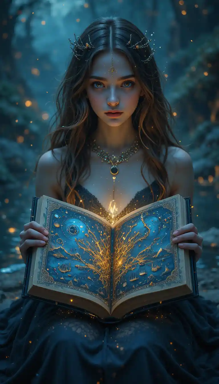 Ätherisches Mädchen mit schwebendem uraltem Buch an digitalem See