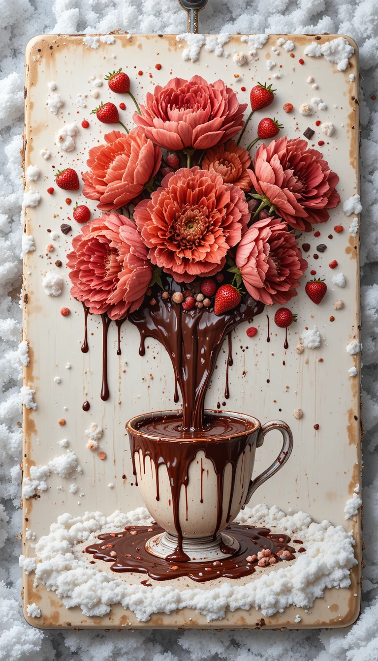 Sobremesa de chocolate brilhante com morangos fluindo – esboço