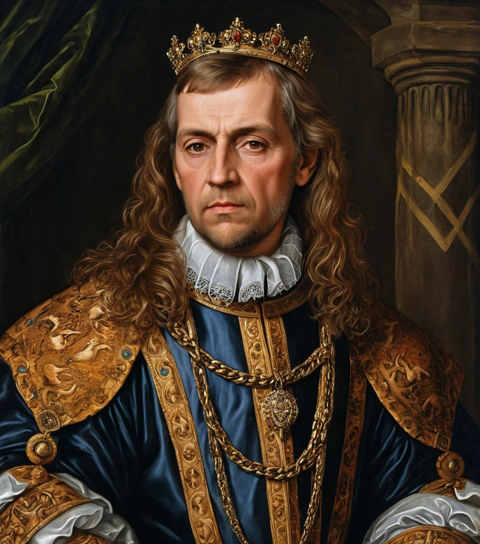 Retrato renascentista de um rei escocês idoso com cabelo comprido