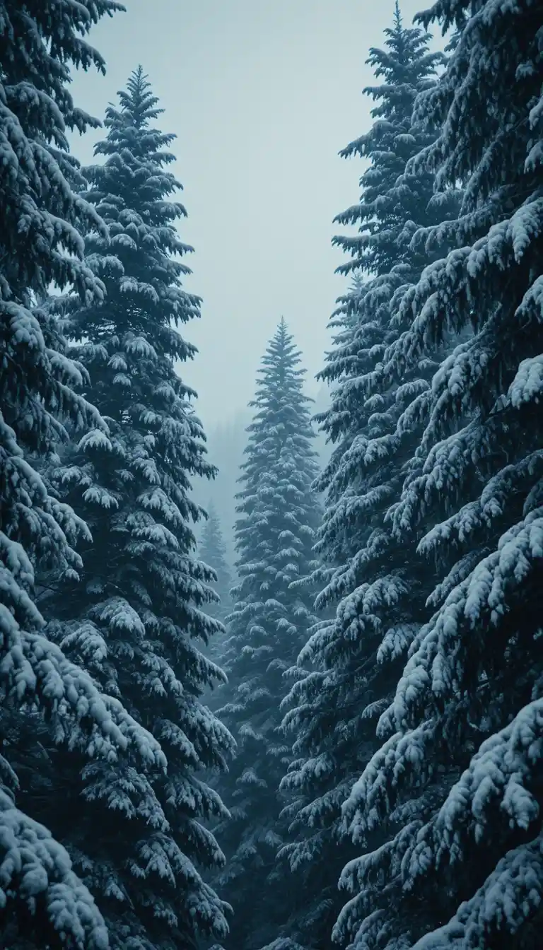 Wide View Of Snowy Pine Forest Under Moody Winter Sky