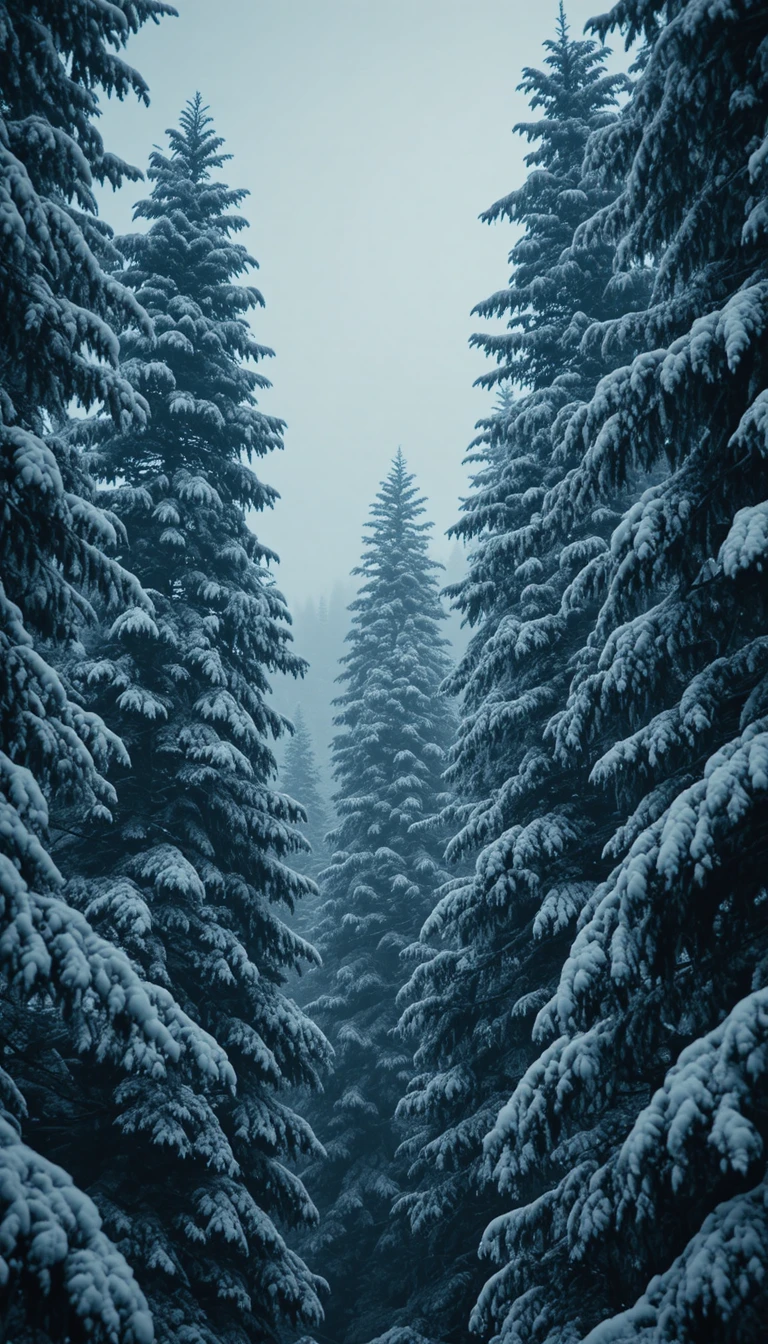 Wide View Of Snowy Pine Forest Under Moody Winter Sky