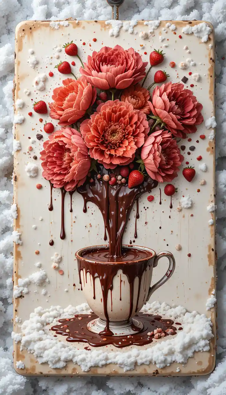 Sobremesa de chocolate brilhante com morangos fluindo – esboço