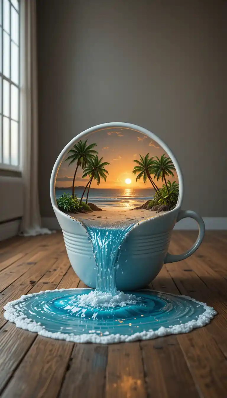 Umgestürzte Tasse, die bei Sonnenuntergang eine winzige Strandlandschaft ausgießt