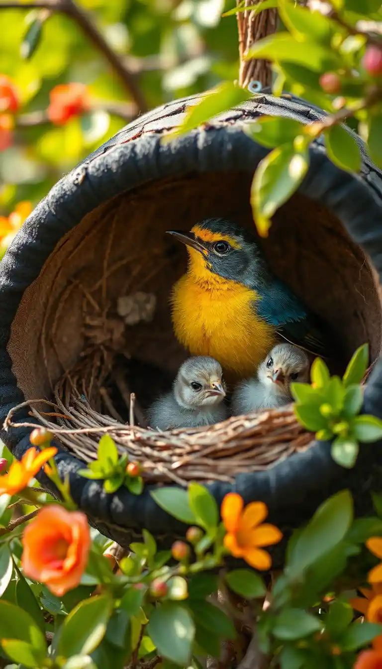 Nahaufnahme einer Vogelfamilie, die in einem schwarzen Hut nistet