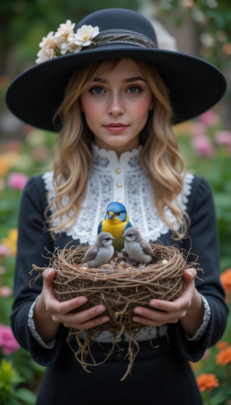 Donna con cappello a nido di uccelli in un giardino colorato