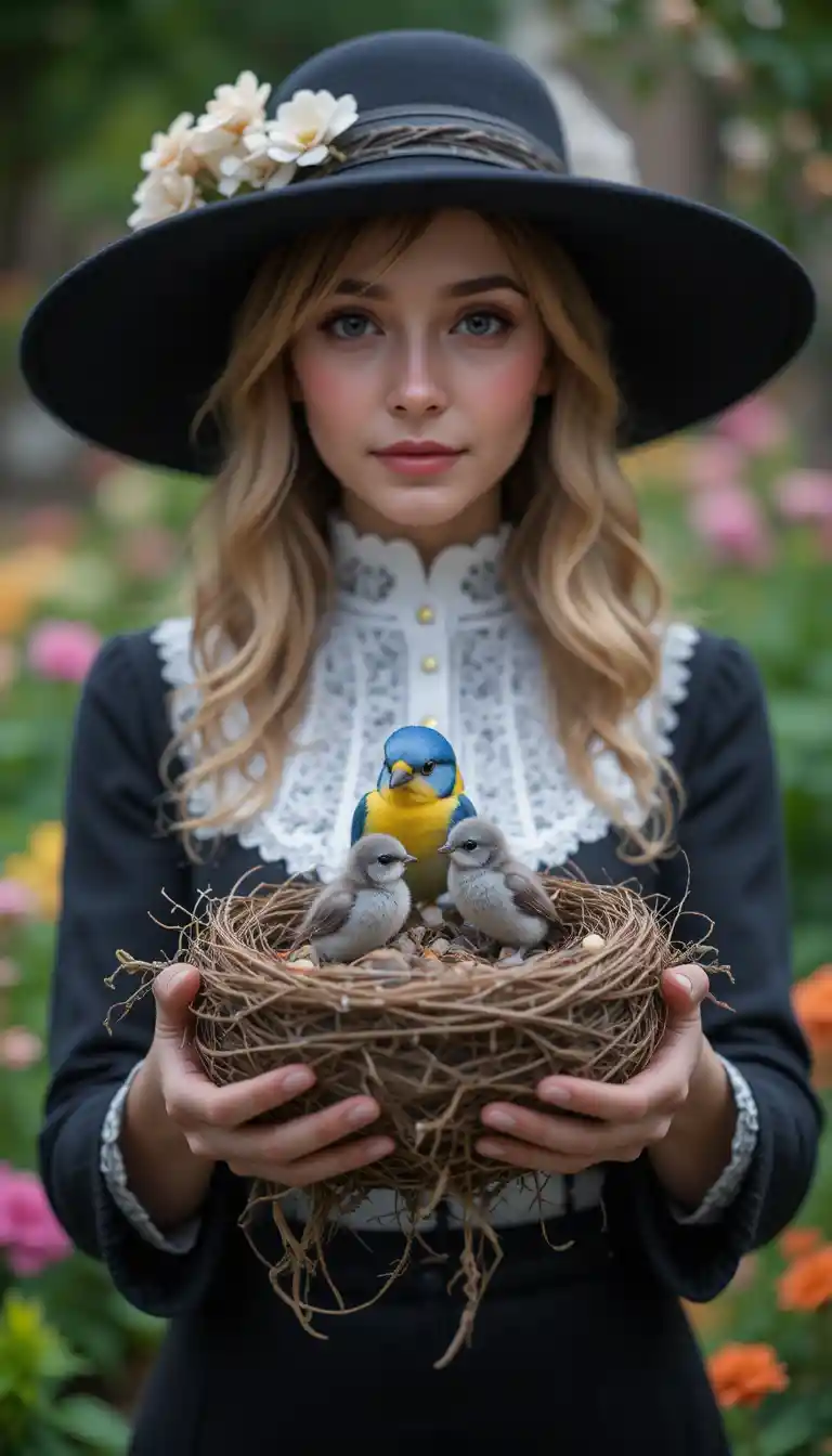 Donna con cappello a nido di uccelli in un giardino colorato