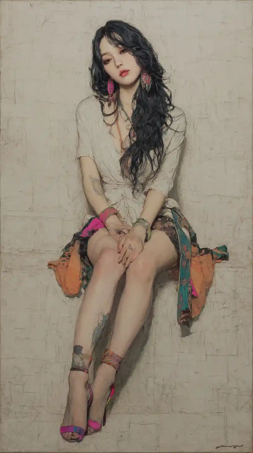 Young woman seated in a dark fantasy oil painting