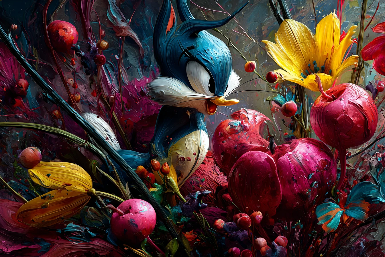 Duo de dessins animés passionné avec fleurs, fruits et mouvement tourbillonnant