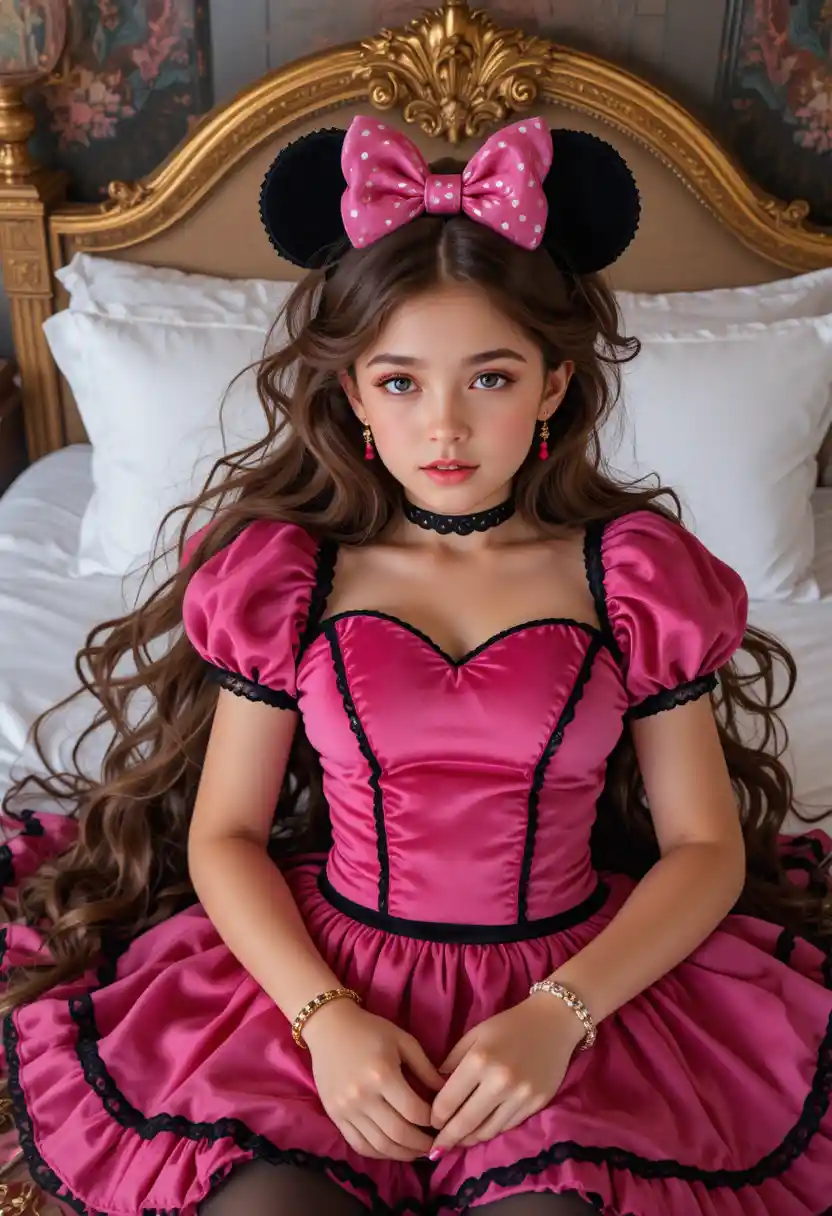 Menino em roupa inspirada na Minnie em cama com dossel de hotel