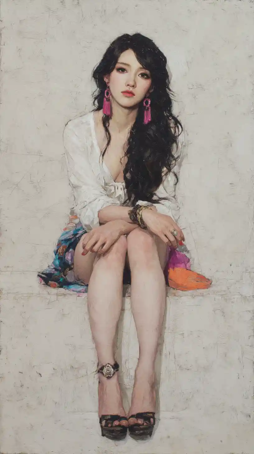 Seated dark haired woman in fantasy oil painting