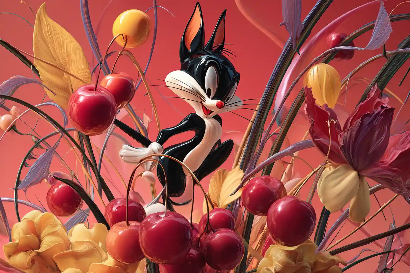 Chat et oiseau de dessin animé passionnés dans un tourbillon floral