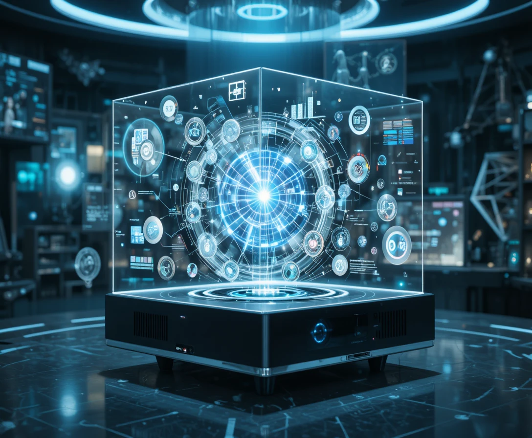 Futuristischer holografischer Projektor mit schwebenden 3D‑Netzwerkdaten-Visualisierungen