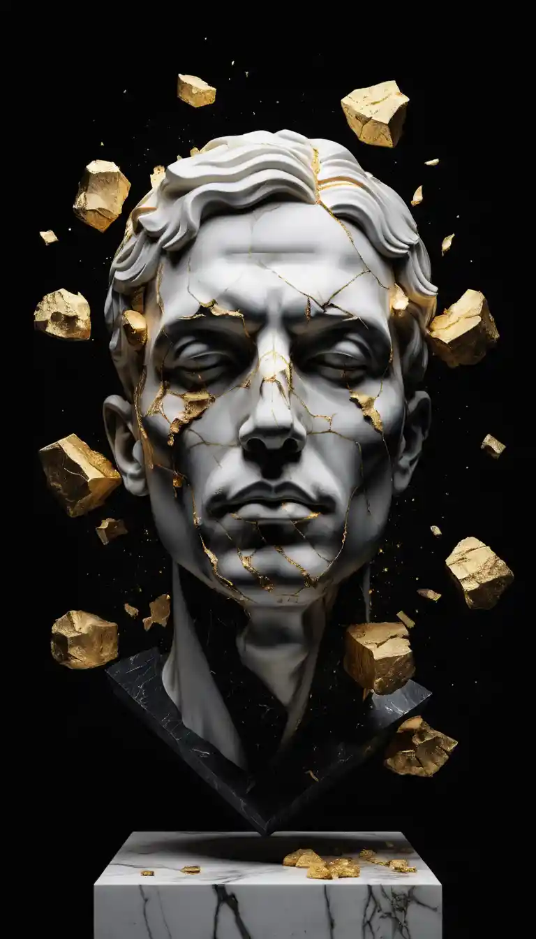 Cabeça de estátua de mármore quebrada flutuando com fragmentos dourados