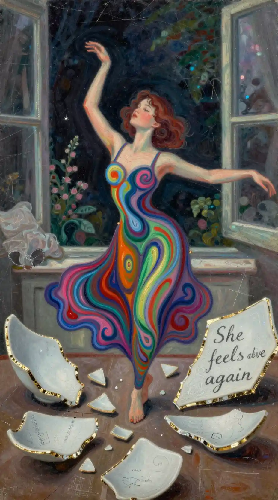Woman dancing amid golden repaired porcelain in mixed media